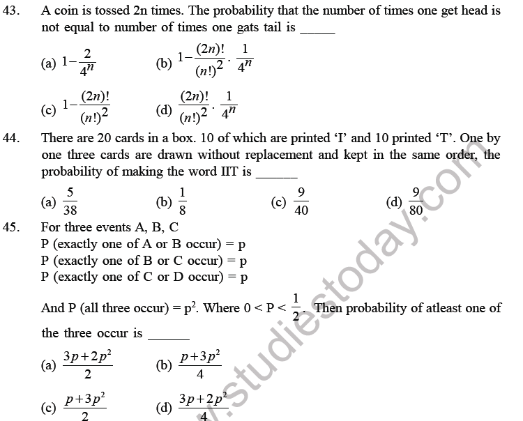 JEE Mathematics Probability MCQs Set A, Multiple Choice Questions